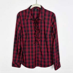 Talbots Top Plaid Ruffle Front Popover Red Black Stretch Long Sleeve Size 10